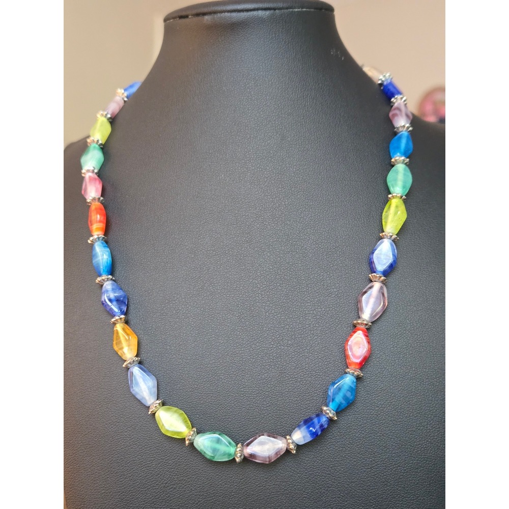 Rainbow Glass Beaded Necklace Silver Accents Vintage Colorful